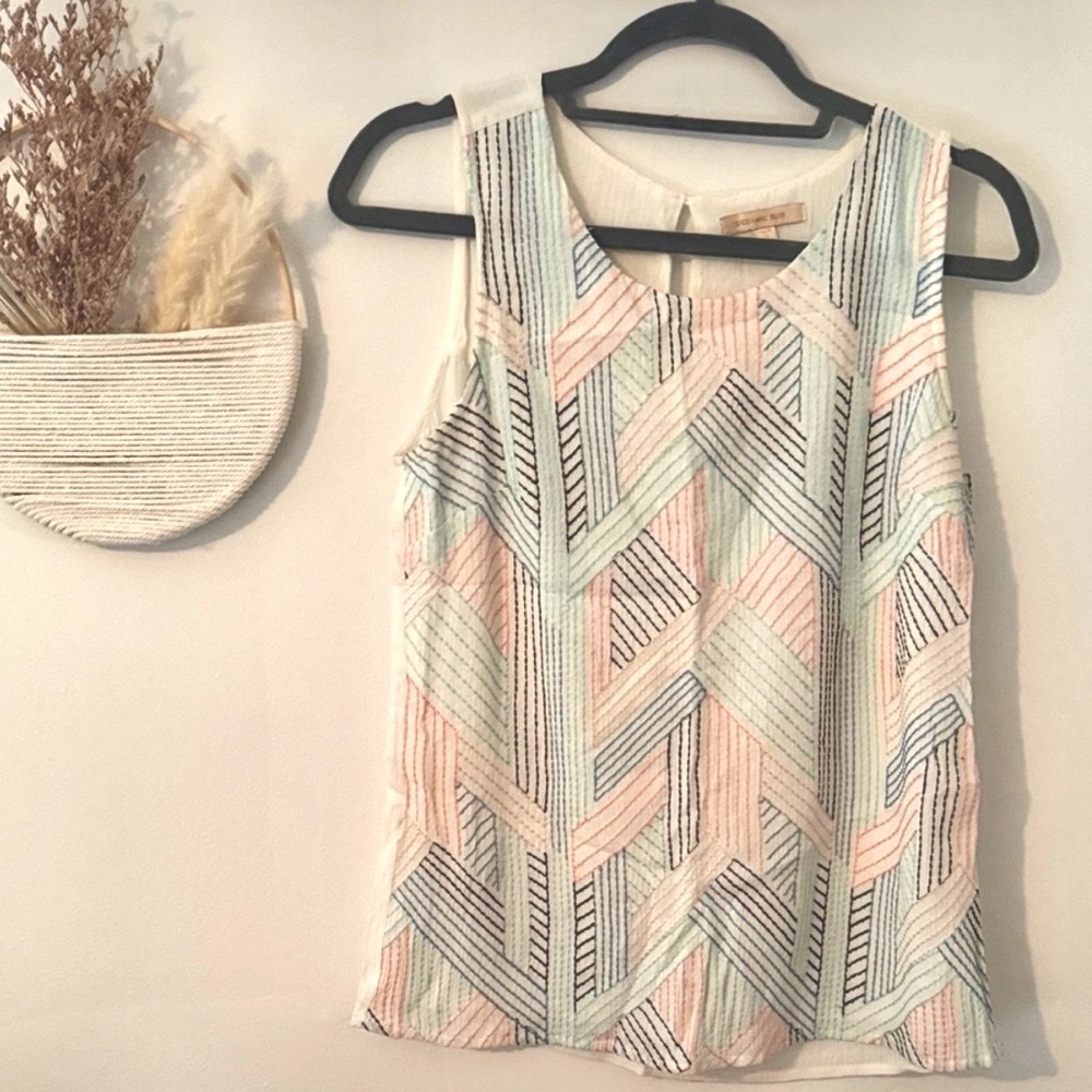 Skies Are Blue Multicolor Embroidered Lines Geometric Pattern Sleeveless Blouse